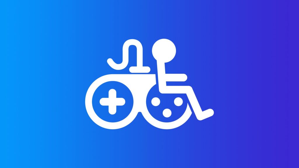 ゲームのアクセシビリティを表すアイコン。障碍のある人のための国際シンボルマークにゲームのコントローラーを組み合わせたものが青地に白色で描かれている