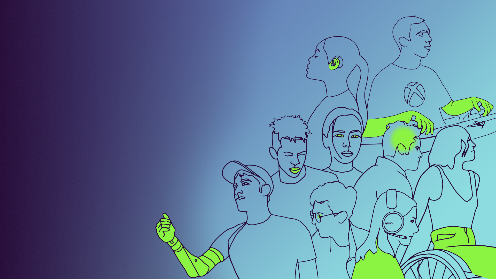 Line drawings of people with different disabilities highlighted in neon green on a blue gradient background.