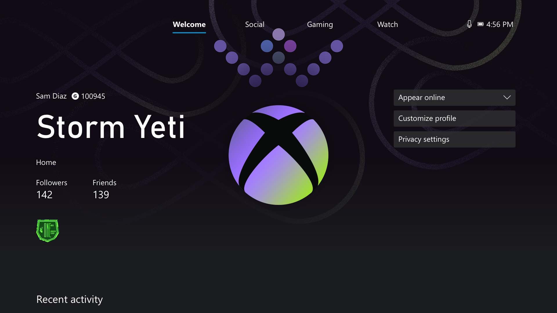 A screenshot of an Xbox profile using the Women’s History Month GamerPic and profile theme.