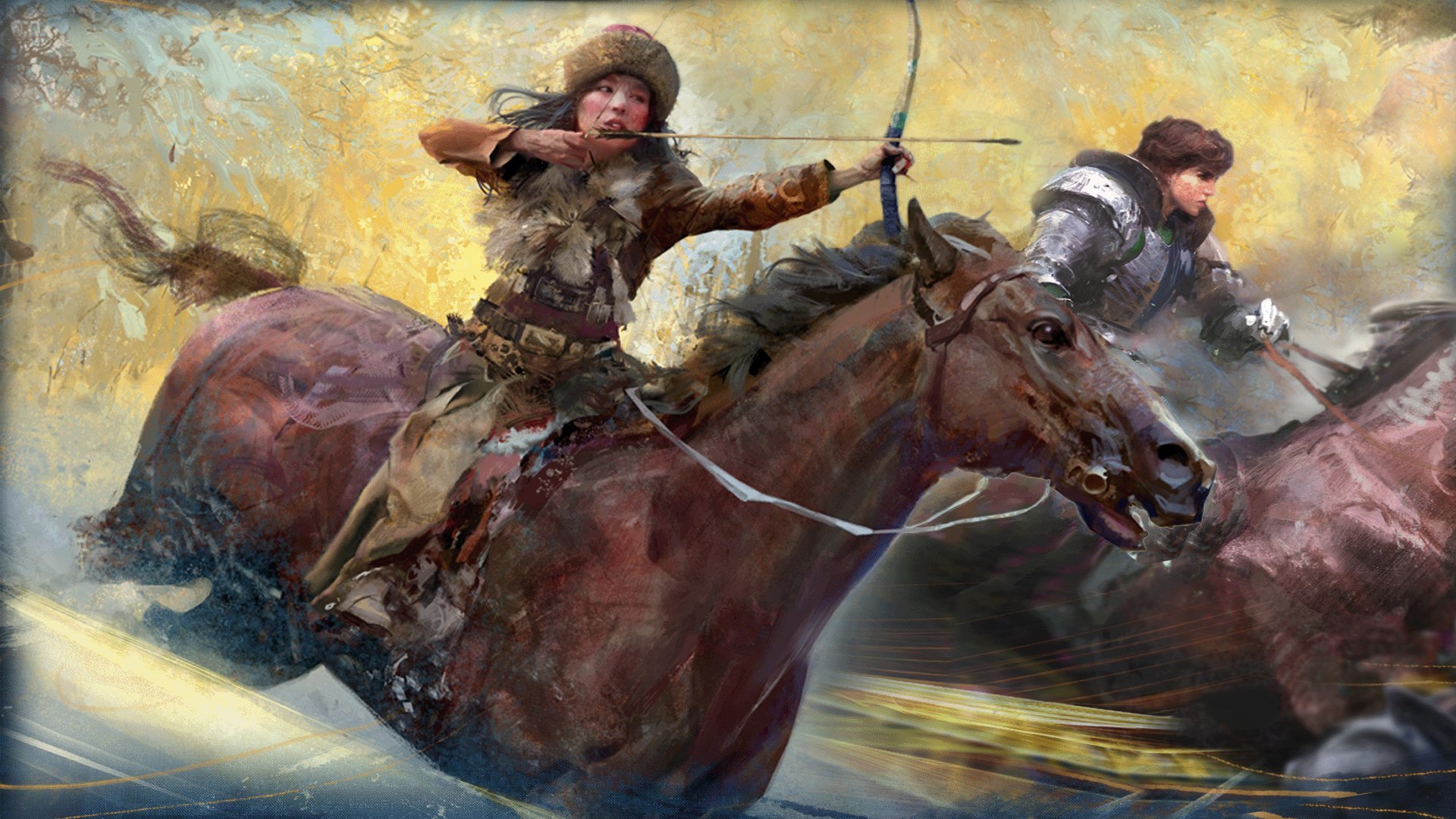 Craig Mullins art piece depicting a Mongolian woman archer on horseback with bow draw alongside Joan of Arc on horseback riding into battle.