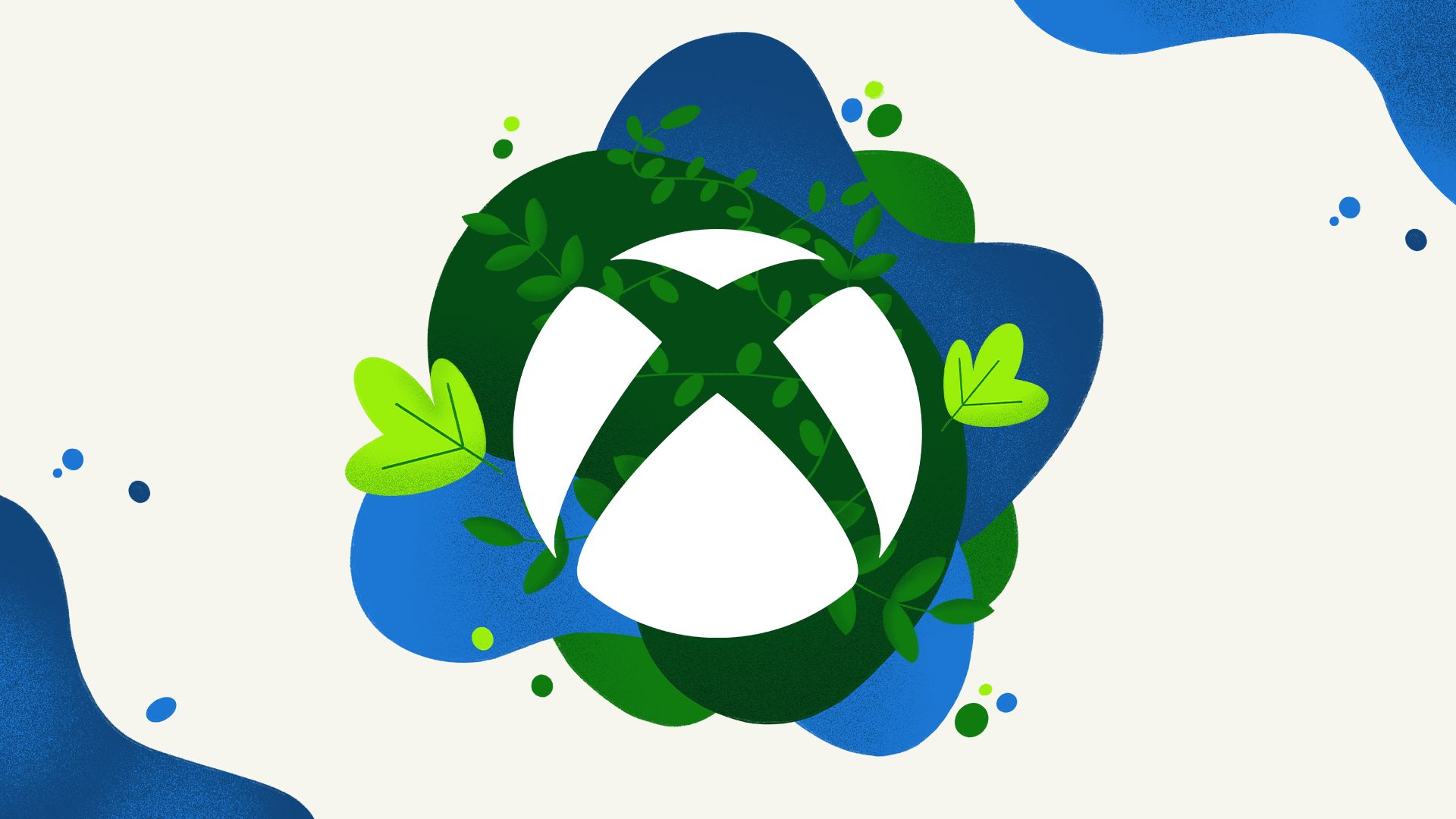 Team Xbox Celebrates Earth Day Hero Image with dark and light green and blue hues surrounding white nexus, with off white background.