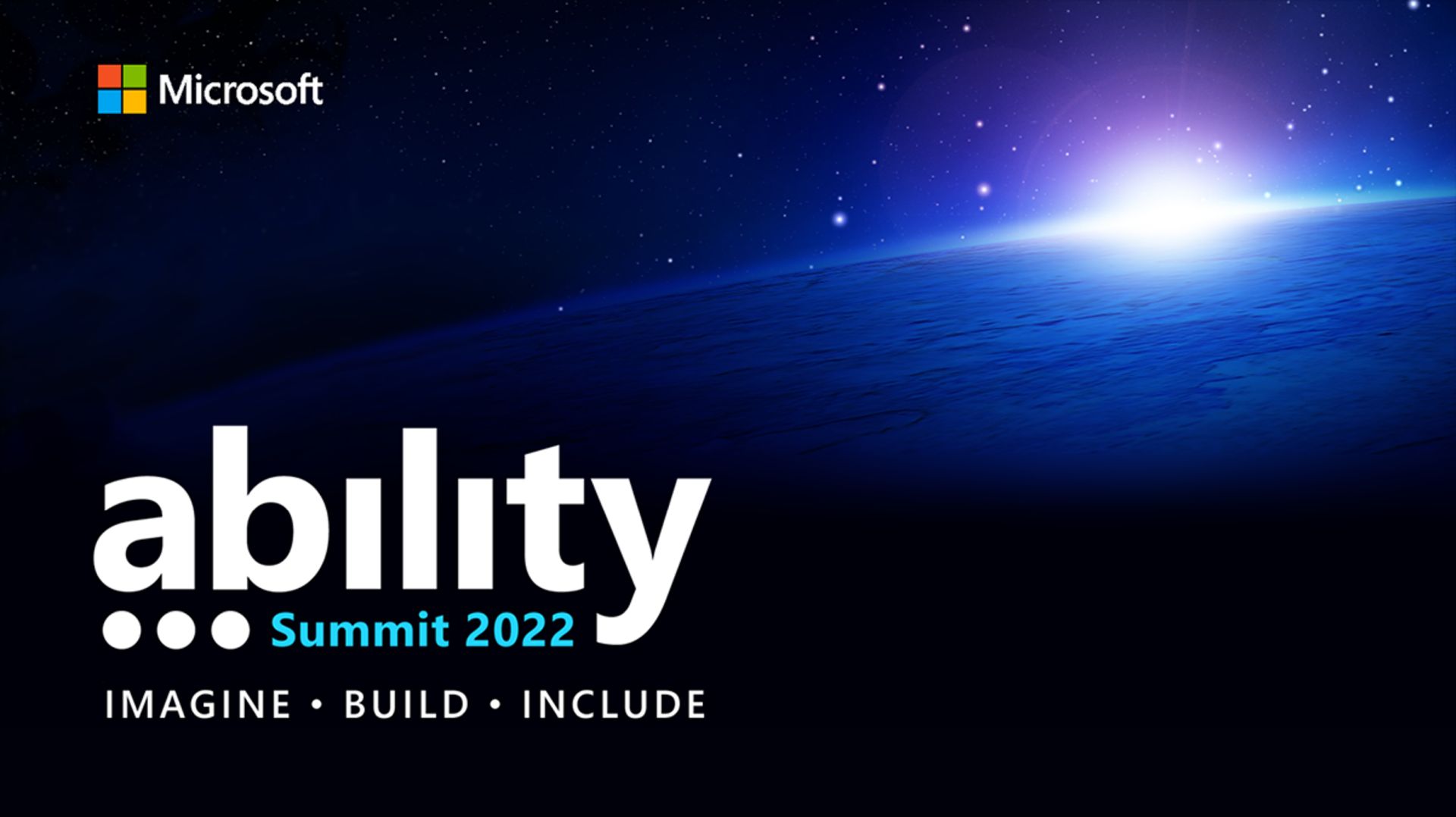 Ability Summit logo with the words Imagine, Build, Include with a background image of a night sky over planet earth from space.