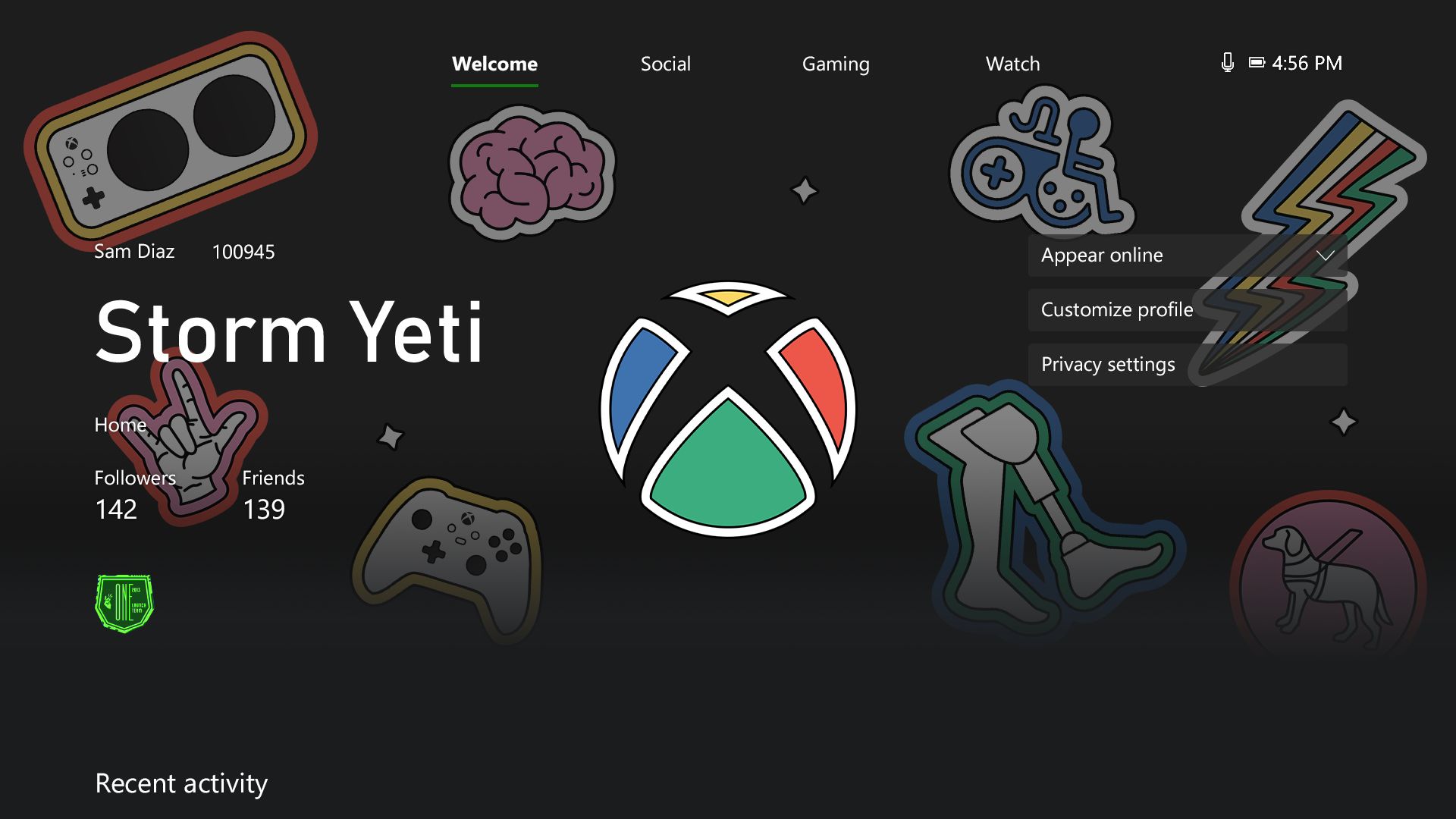 An Xbox console account profile showing the disability pride month sphere colored in with red, green, blue and yellow and the complementary profile theme that showcases the following icons: the Xbox Adaptive Controller, a brain, the American Sign Language sign for I Love You, a lightning bolt, a wheelchair, a seeing eye dog, prosthetic legs, and the original Xbox controller.
