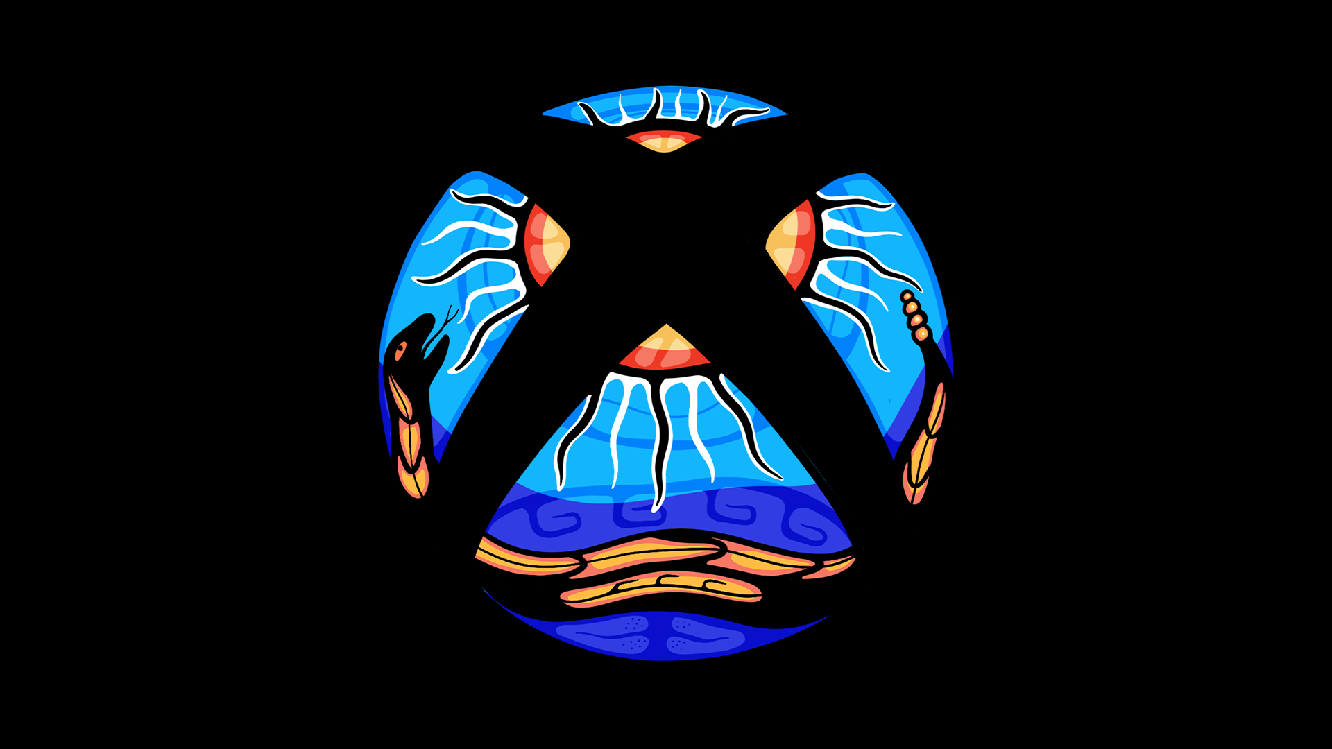 Stylized Xbox logo featuring a snake and sun in the traditional Anishinaabe Style