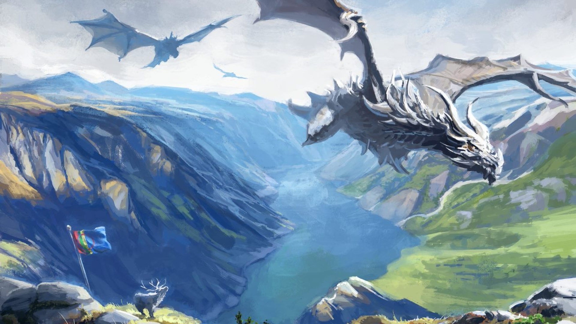 An image of a Skyrim dragons soaring over a ravine while an elk stands by next to the Sami flag