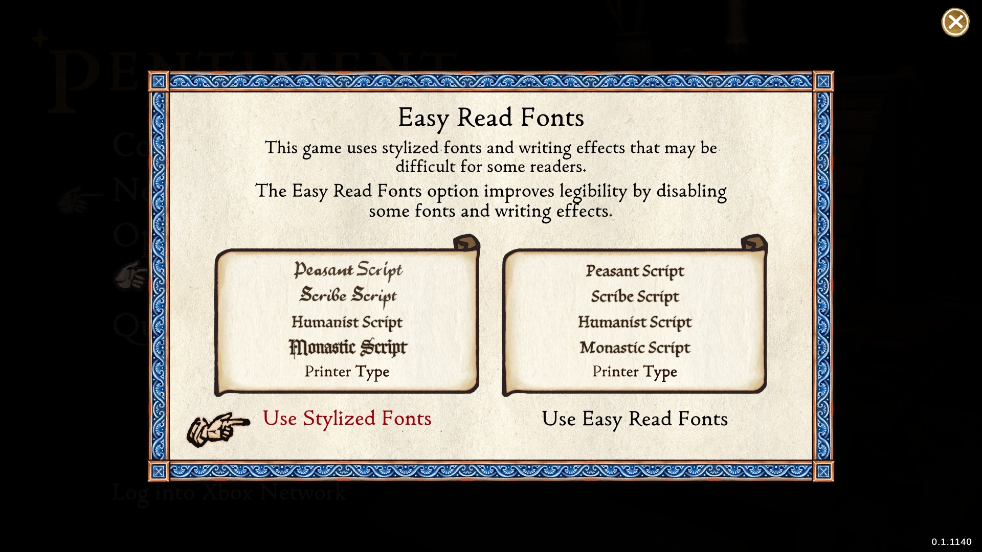 An in-game menu display comparing the “Stylized Fonts” versus “Easy Read Fonts” options in Pentiment.