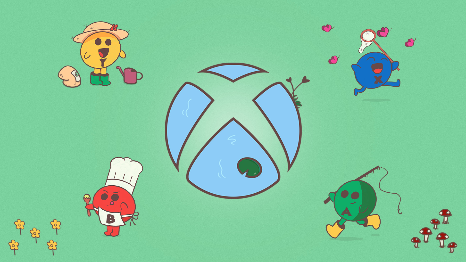 Xbox Sphere in a cartoon style in a blue pond background, a green lily pad in the bottom petal, and reeds in the top right petal. The sphere is surrounded by four button characters. The red “B” button is wearing a white chef hat and holding a wooden spoon, the yellow Y button has a bag of soil and a watering can, the blue “X” button is chasing pink butterflies with a net, and the green “A” button is holding a fishing pole.