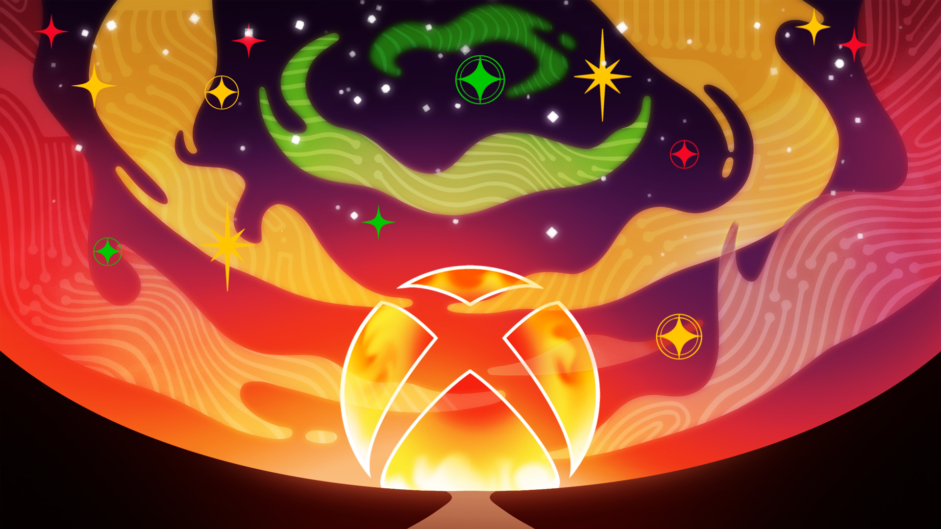 The Xbox logo stylized in celebration of Black History month featuring an Xbox logo with a red and orange sunset over a brown and black silhouetted pathway on a background with red, yellow, and green stars and wispy clouds with a light computer board pattern.