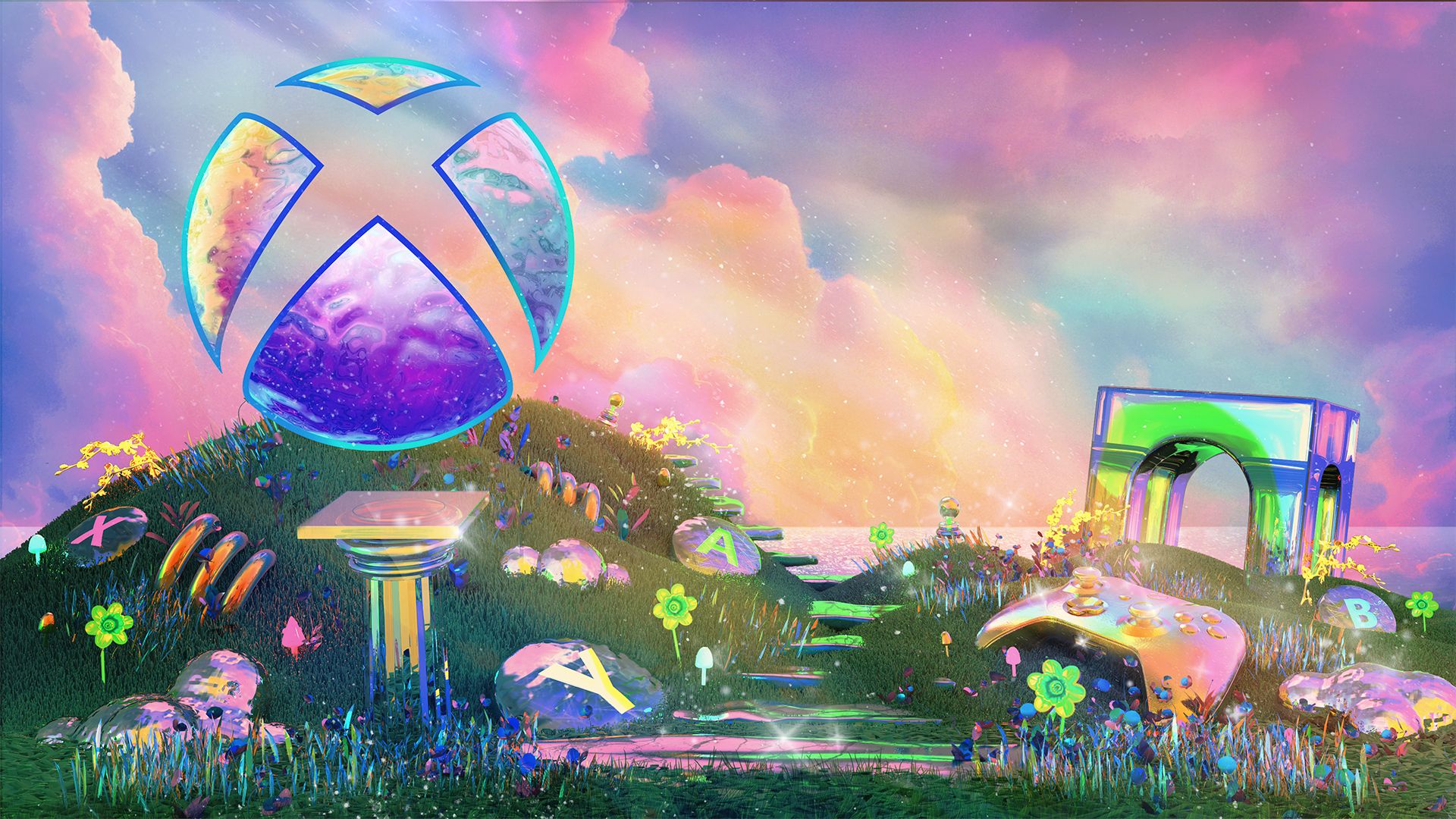 A magical, pastel landscape with rolling hills, the sea, and the sun reflecting off purple and pink clouds. An Xbox sphere sits in the upper left, reflecting the color of the sky. Iridescent plants, columns, Xbox buttons and Xbox controller are scattered throughout the grass.