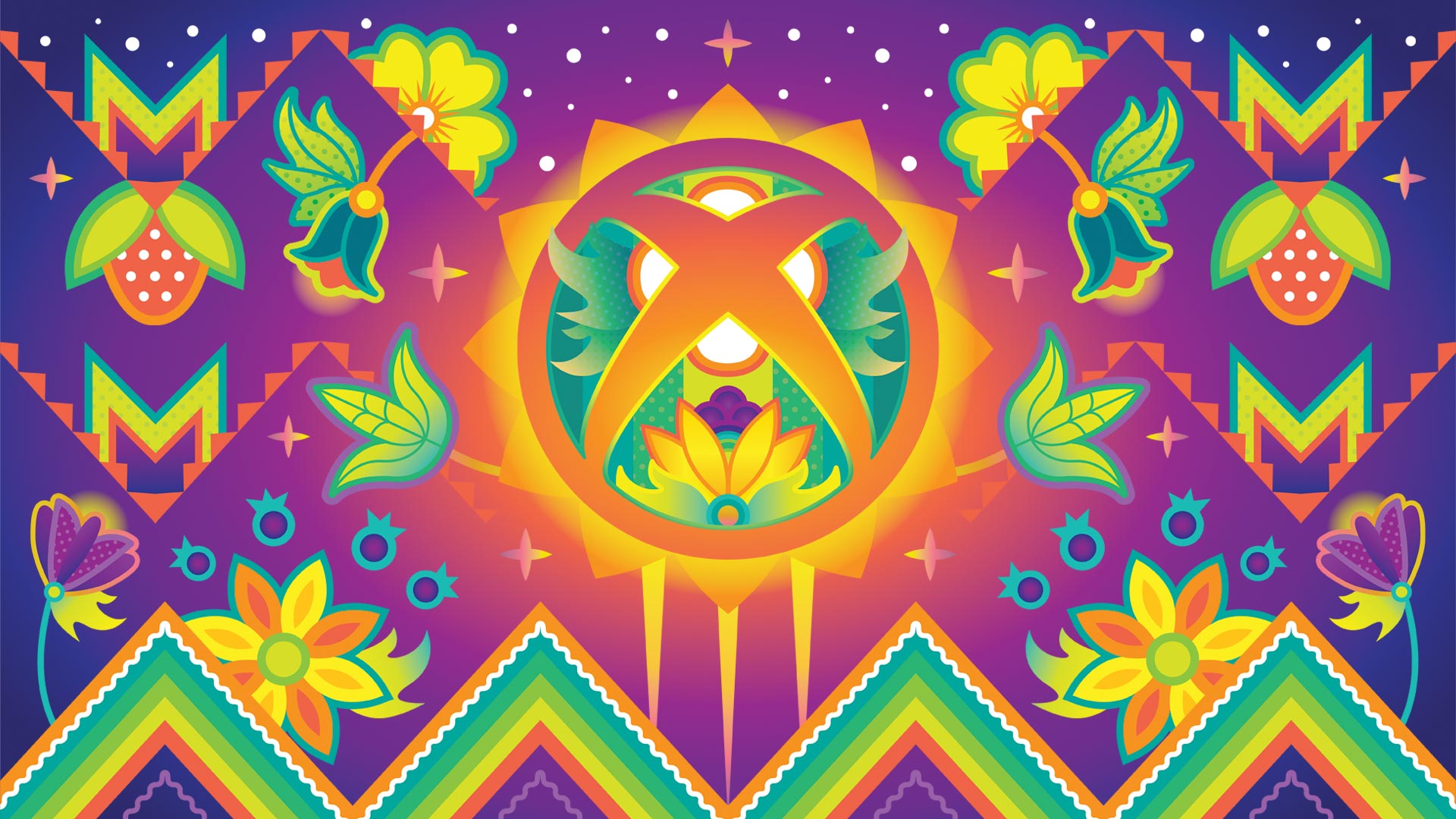 Chippewa Cree stylized Xbox logo with green, orange, and yellow flowers centered on the sun featuring a purple background with berries and colorful ribbons.