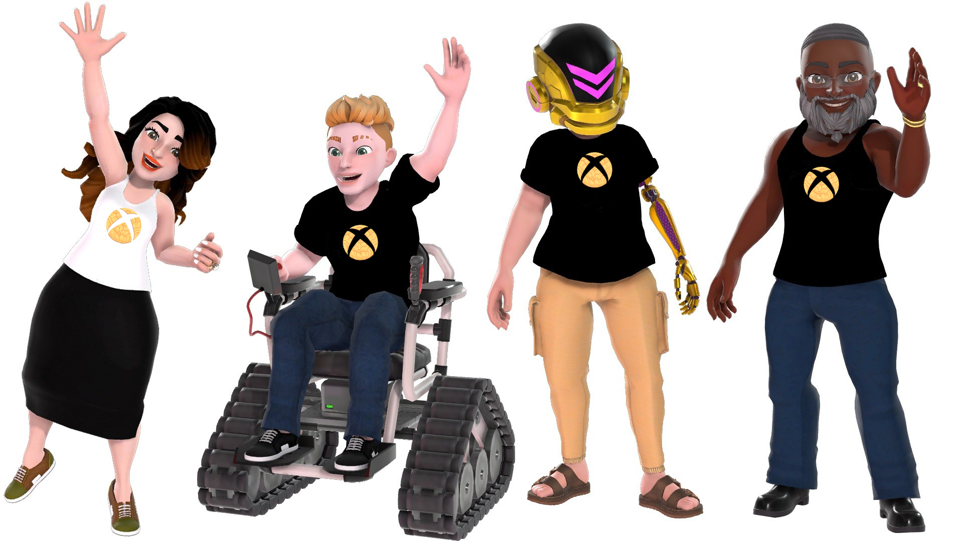 Xbox Avatars wearing black shirts that feature the stylized Xbox logo for the gaming and disability community 2023 campaign.