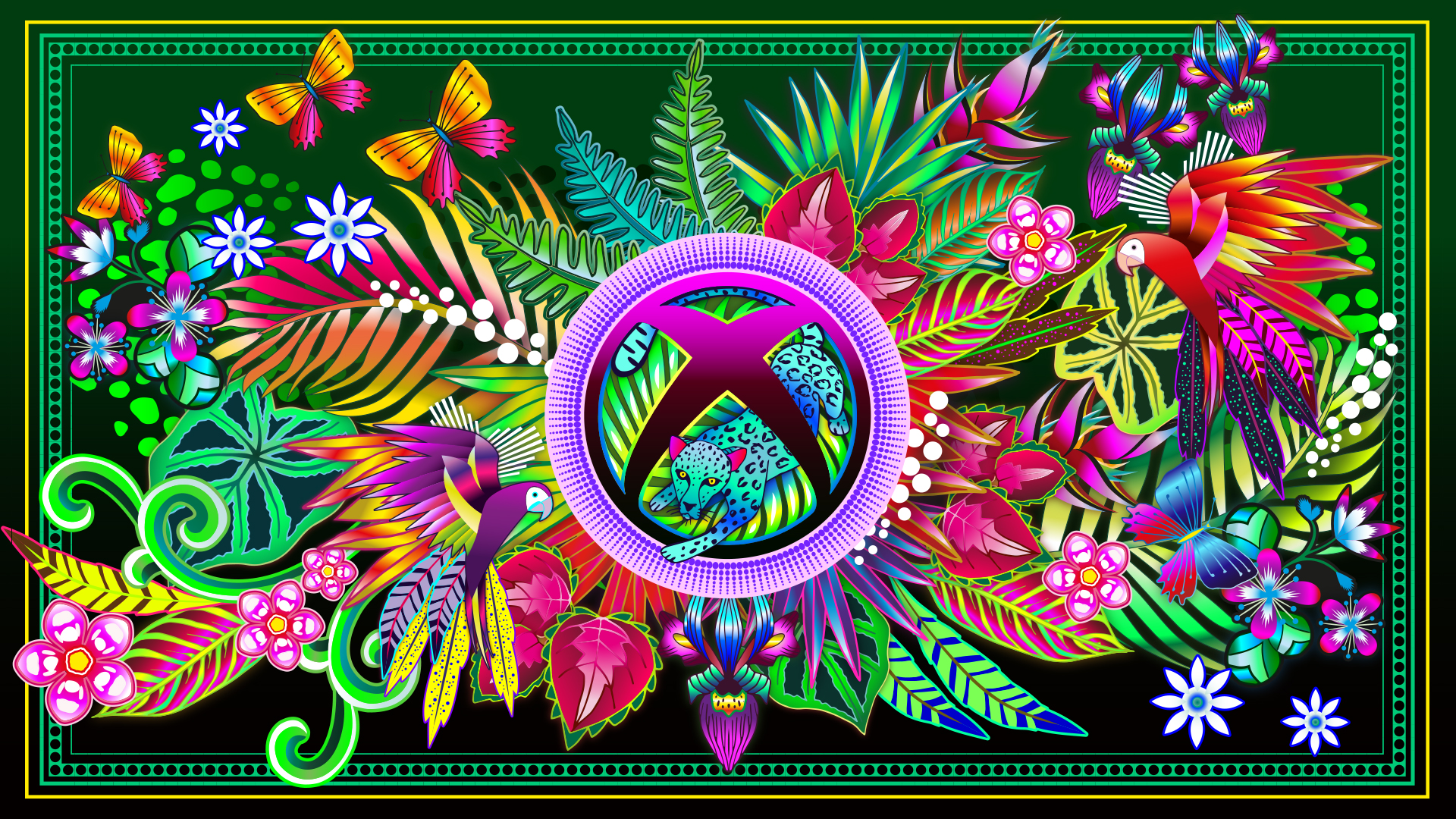 A stylized Xbox logo featuring a jaguar on a background of colorful rainforest botanicals, macaws, and butterflies.