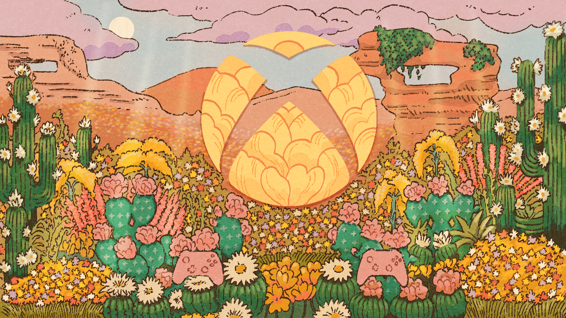 A stylized Xbox logo featuring an orange floral petal pattern on a blooming desert landscape including cacti with pink, yellow, and white blossoms and two pink Xbox controllers.