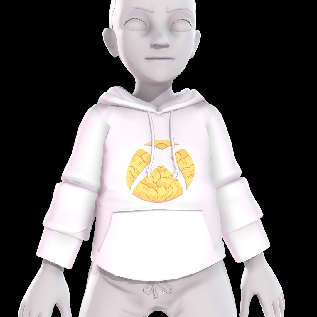 An Xbox avatar wearing a white hoodie that features the stylized Xbox logo for the gaming and disability community 2023 campaign.