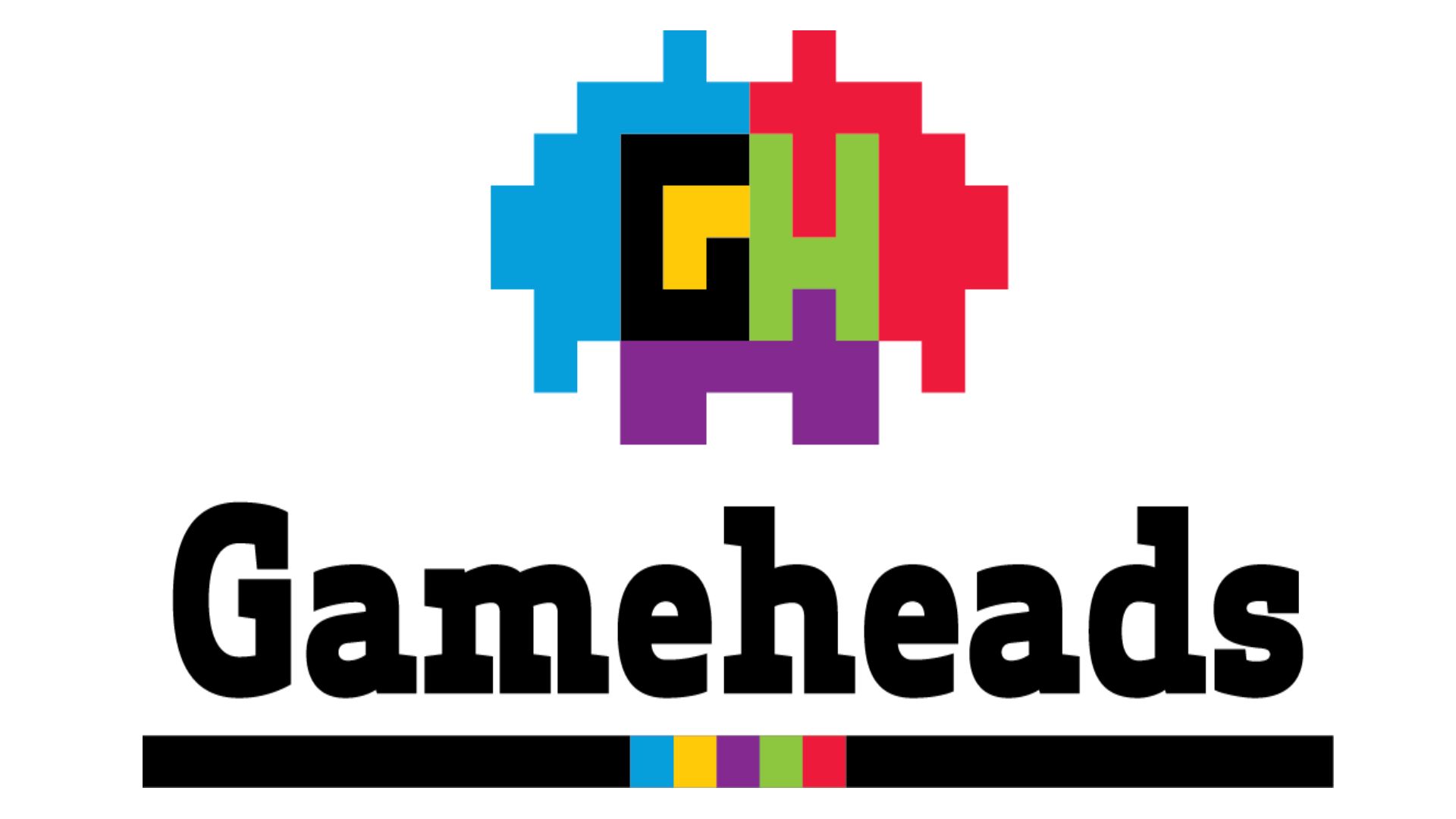 Gameheads Logo with black text and a pixelated brain with multiple colors and the word “Gameheads”.