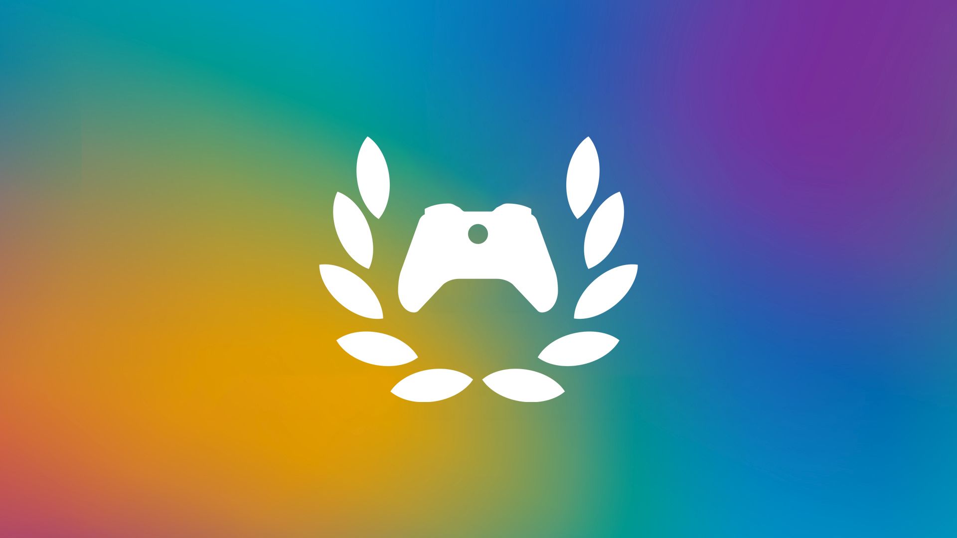 White Xbox controller icon with white laurels surrounding it layers over a blurred rainbow background.