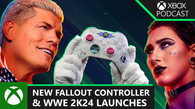WWE characters facing a Fallout Vault Boy Xbox controller.