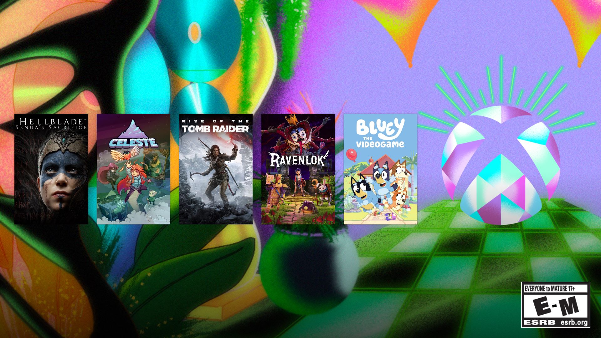  A compilation image featuring the box art for featured Game Pass games overlaying the stylized Xbox logo in recognition of Women's History Month featuring a pastel Xbox sphere in an abstract background. 