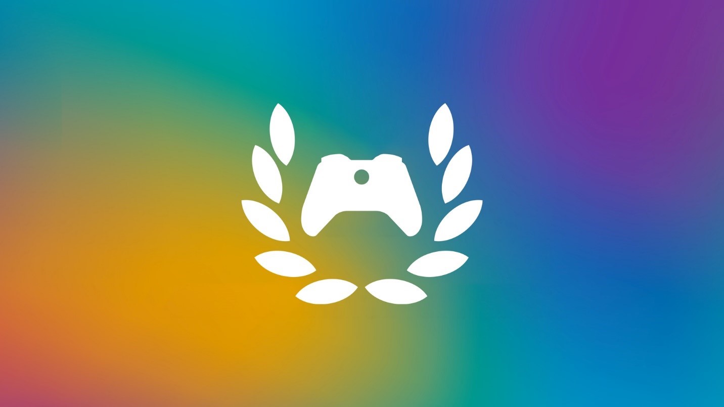 白色 Xbox 控制器图标在模糊的彩虹背景上被白色桂冠包围。 