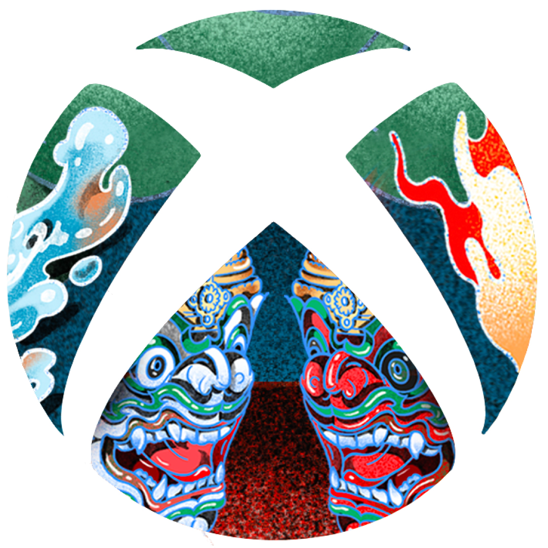 Xbox sphere styled in recognition of Asian and Pacific Islander Heritage month featuring water, fire, and two characters from the Ramayana, Sukhrip and Madchanu.