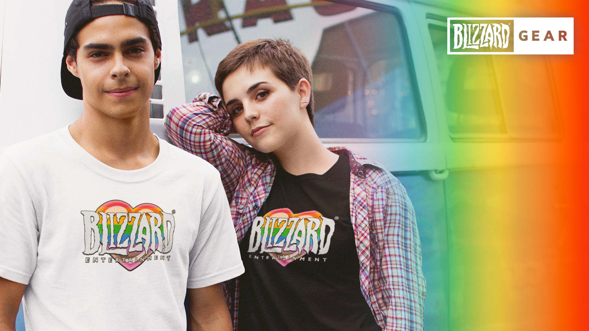 Two people wearing the 2024 Blizzard Pride Collection apparel