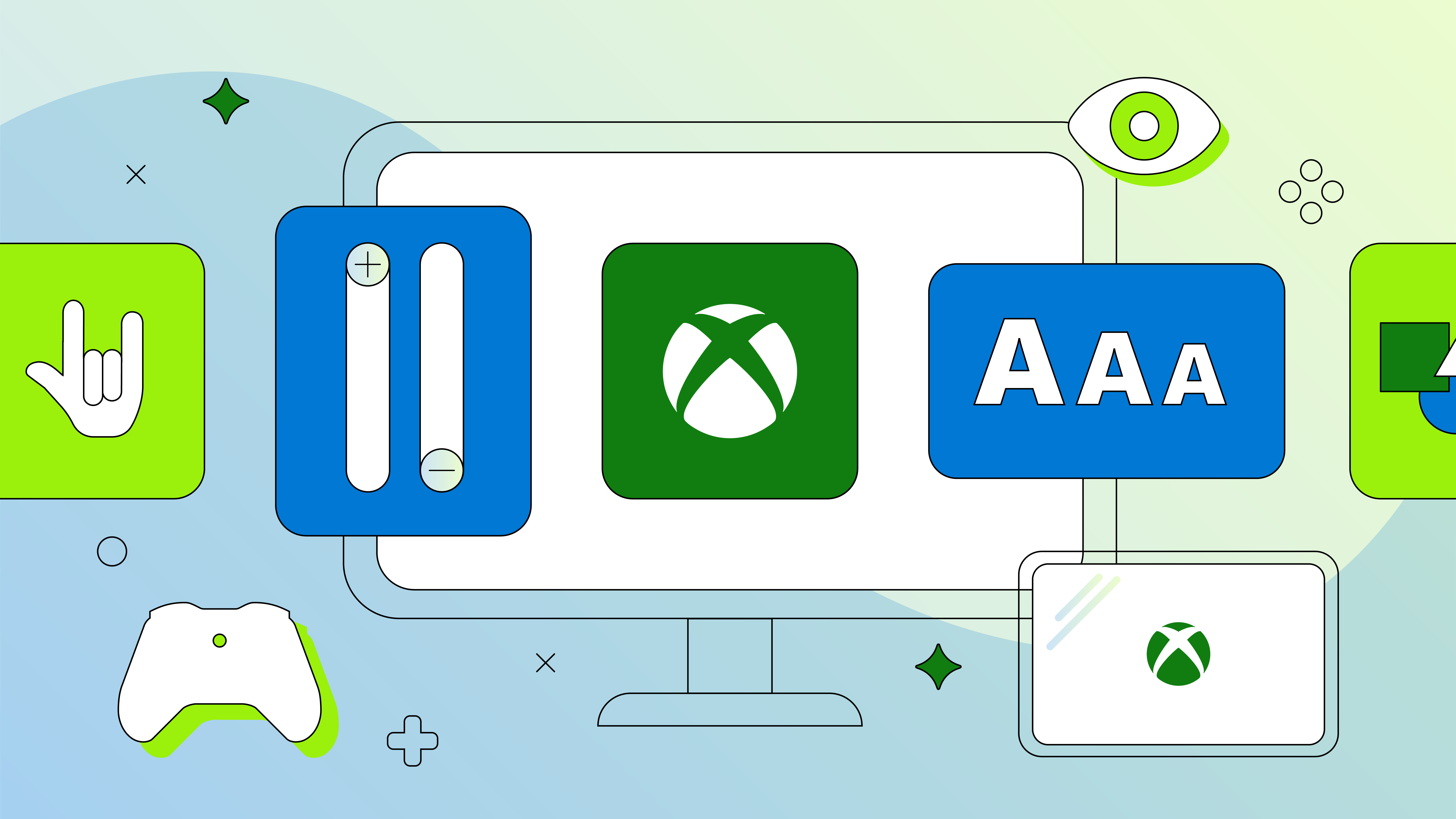 Blue and green themed abstract line art with an Xbox logo in white with a green background on a computer monitor, a blue rectangle with the letter A in three sizes, a second blue rectangle with two slide adjusters, an icon of a hand signing "I love you" in ASL, and icons for an Xbox controller, and an eye.
