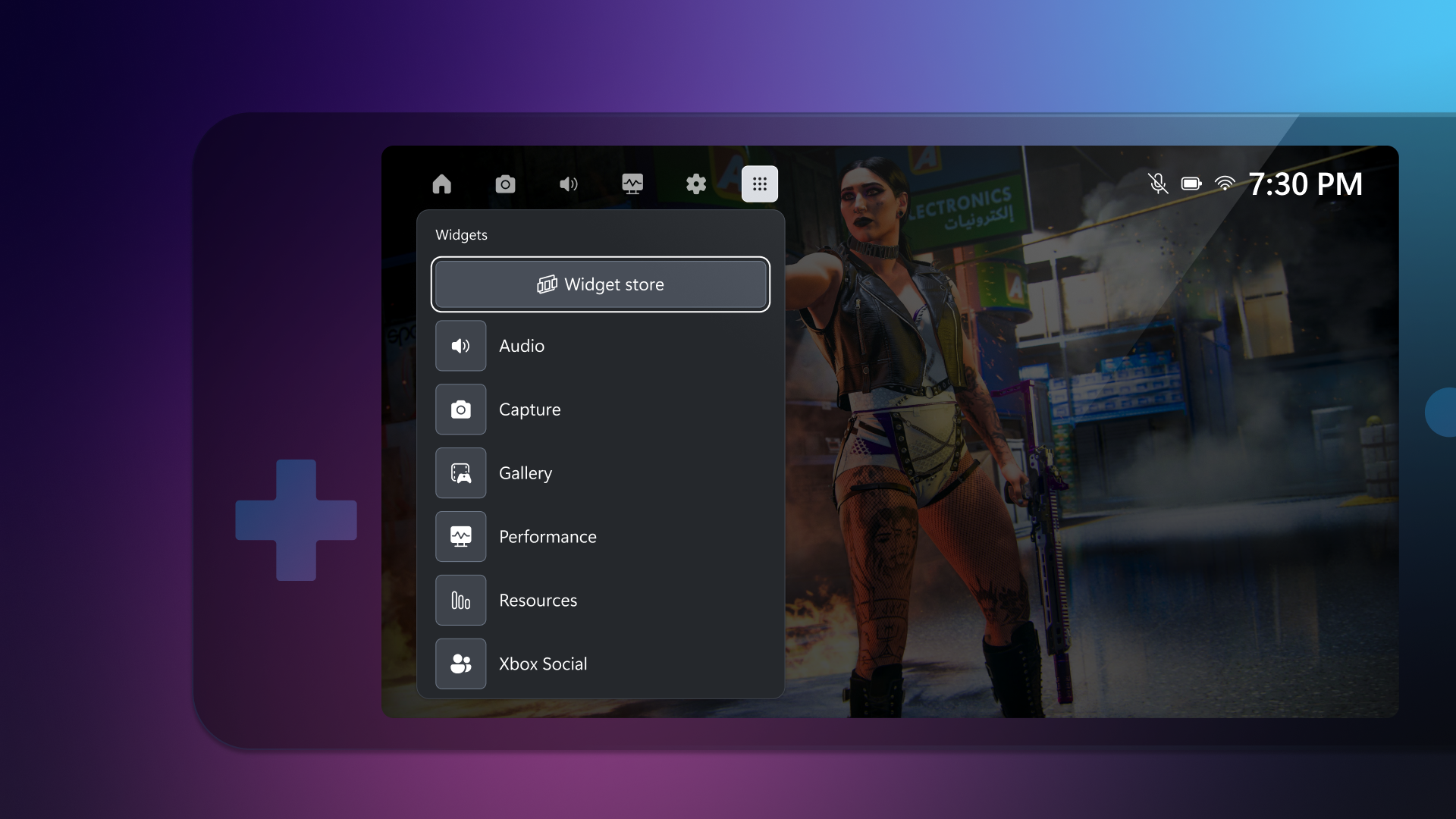 A screenshot of the Widget Store and widgets menu while using Compact Mode for the Game Bar.