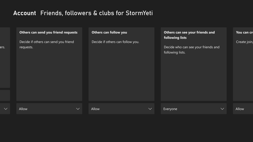 Xbox console page with options to customize friends, followers, and clubs related privacy settings.