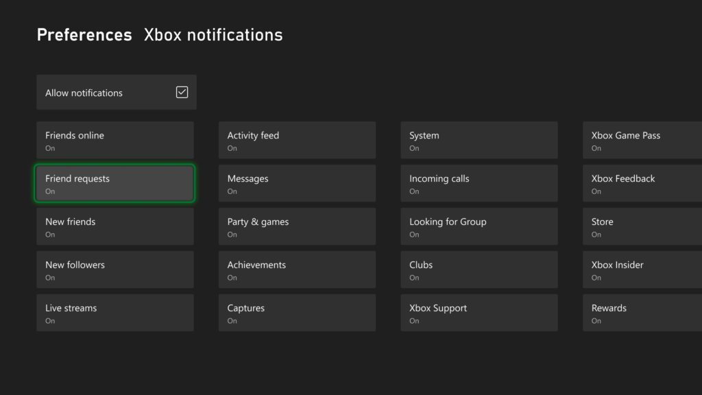 Xbox console page with options to adjust privacy settings for friends, followers, and clubs.