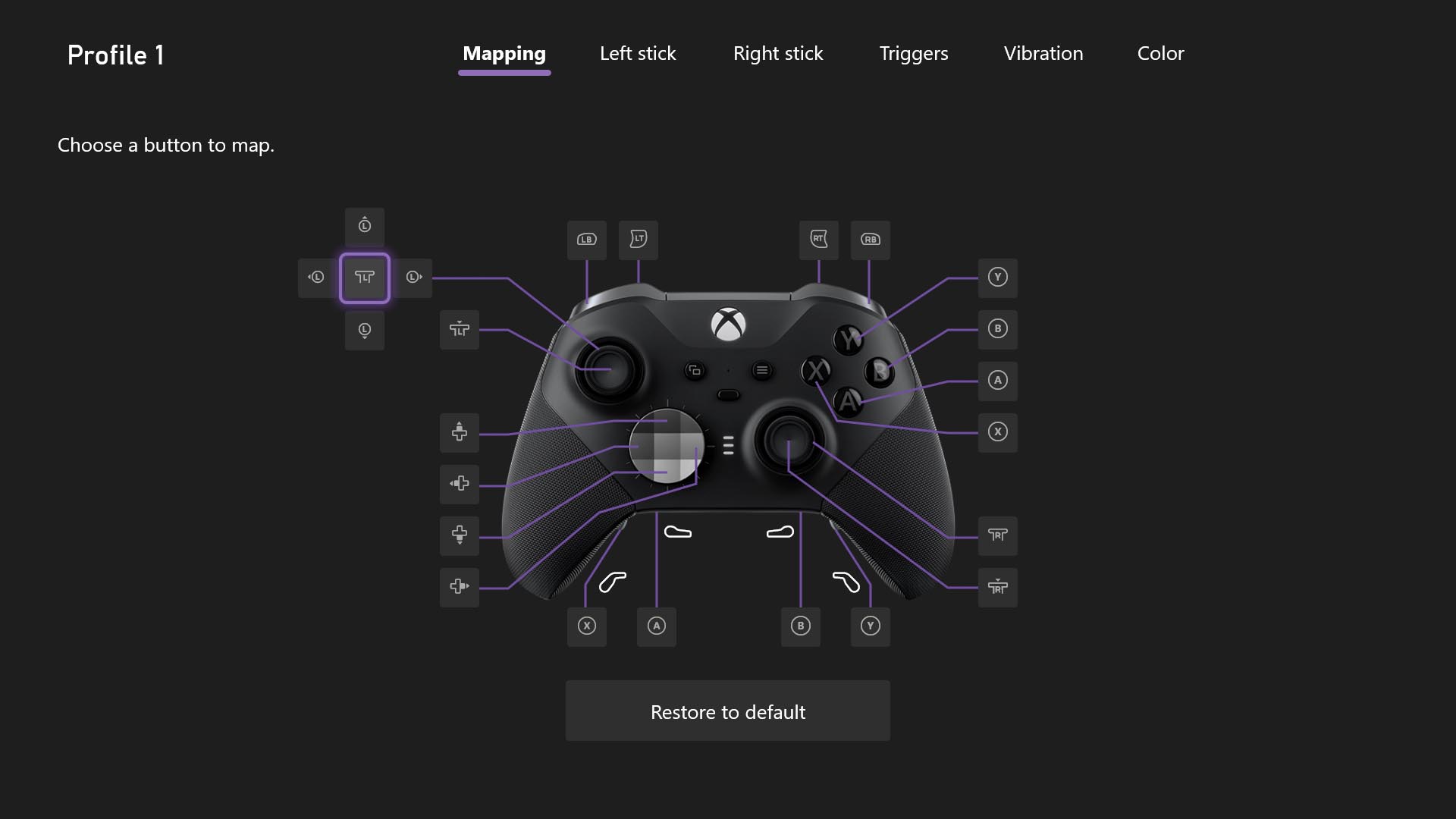 A screenshot of the profile creation user interface in the Xbox Accessories App for an Xbox Elite Series 2 controller. Each controller component is labelled with its current default mapping. The left thumbstick has four remappable button options positioned in cardinal directions surrounding it that can each be selected to assign the thumbstick movement in the corresponding direction to a button.