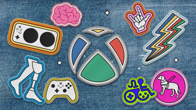 The Xbox logo as a patch sewn onto a denim jacket. The Xbox logo is surrounded by other patch versions of accessibility logos including the Xbox Adaptive Controller, the Game Accessibility Joyrider, the disability pride logo, and more.