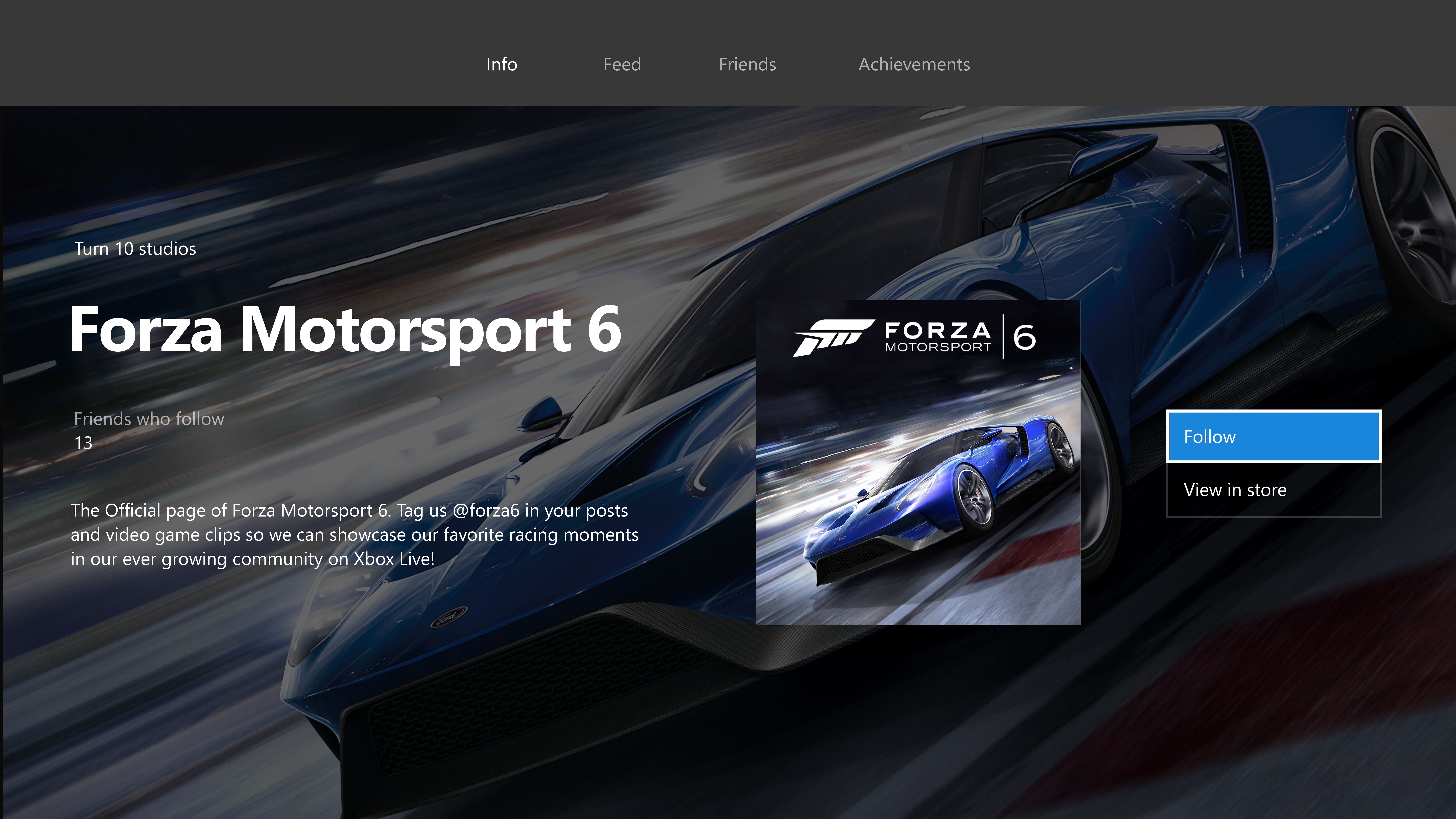 Xbox One Game Hubs Home showing Forza Motorsport 6