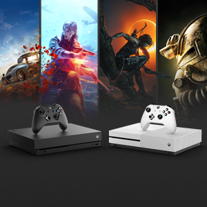 Xbox One Bundles Hero with Xbox One X, Xbox One S and games backdrop