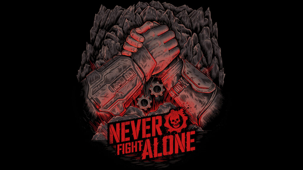 Eine Grafik von einem Handschlag, unter dem der Schriftzug „Never Fight Alone“ in roten Buchstaben steht. Rocky-Grafik im Hintergrund.