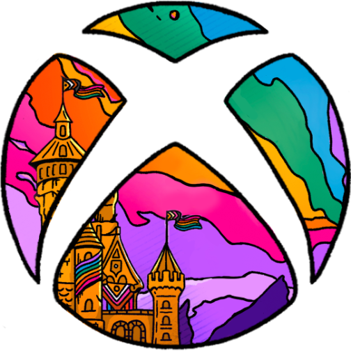 Eine benutzer*indefinierte Regenbogen-Xbox-Kugel mit einem Schloss, auf dem verschiedene Pride-Flaggen abgebildet sind.