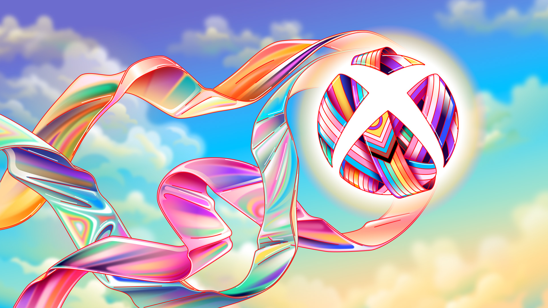 Logotipo estilizado do Xbox em apoio ao Mês do Orgulho, incluindo fitas coloridas envolvendo a esfera em um fundo de céu pastel.