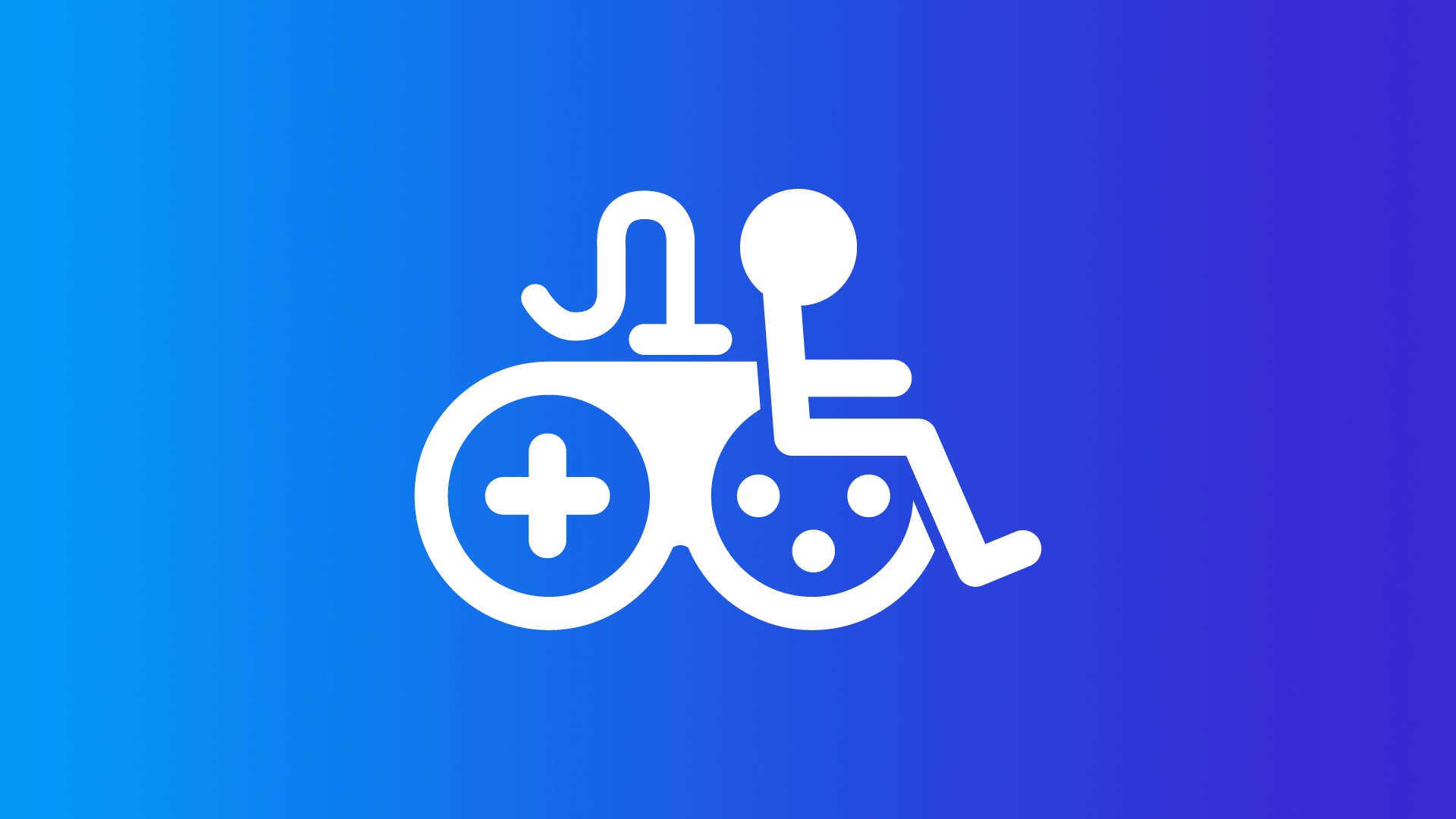 O ícone de acessibilidade de jogos, representando o símbolo de deficiência entrelaçado com um controle de jogo, é exibido em branco contra um fundo azul.