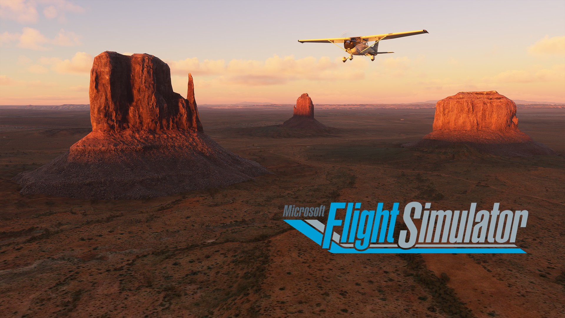 Самолет летит над горами. Баннер Microsoft Flight Simulator